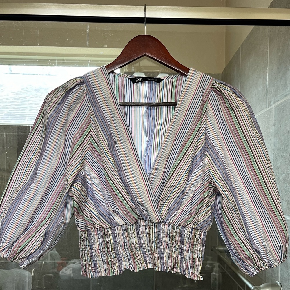 Zara Rainbow Striped Puff Crop Top • Size Small